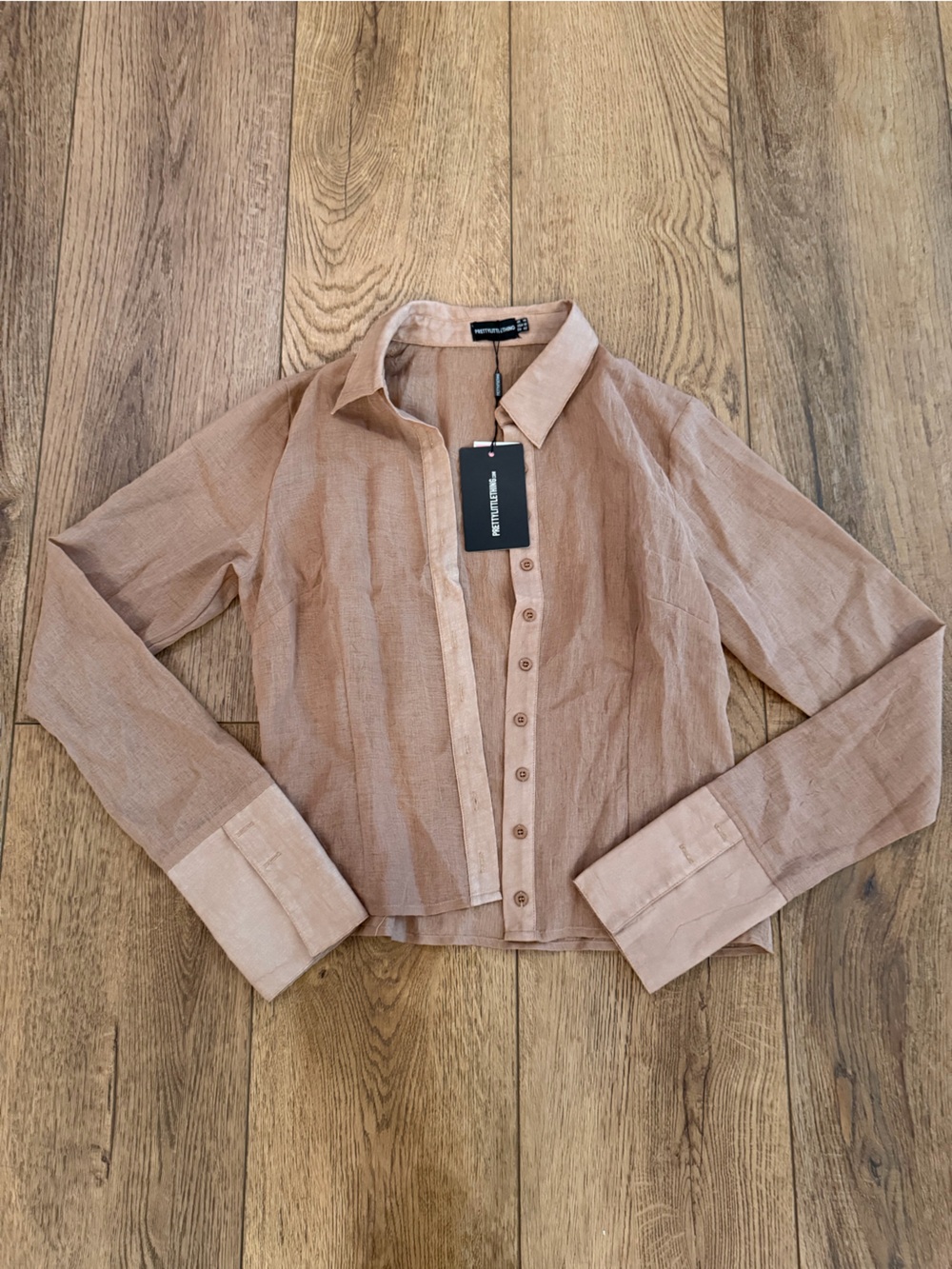 PrettyLittleThing Stone Beige Sheer Button Down Shirt